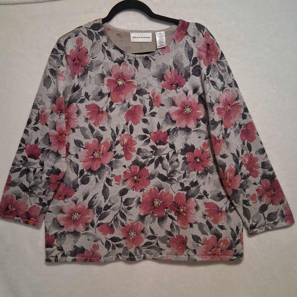 Alfred Dunner XL Sweater Gray Pink Floral Metallic Sparkle Beaded Glam Holiday